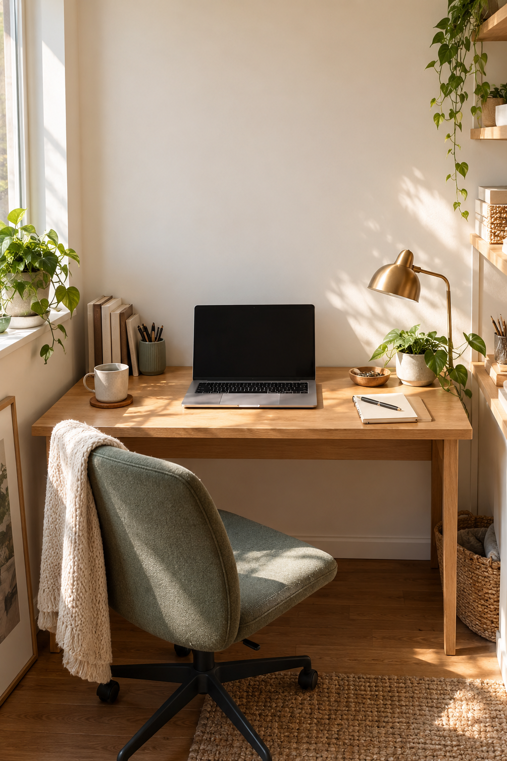 Compact wood desk arranged beside a bright window with a monitor and restrained storage
