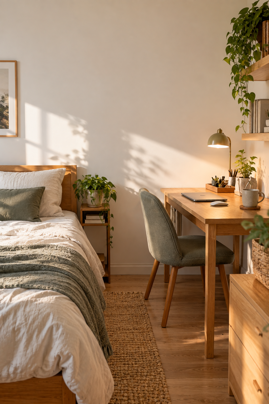 Small bedroom workspace arranged as a calm zone near a window