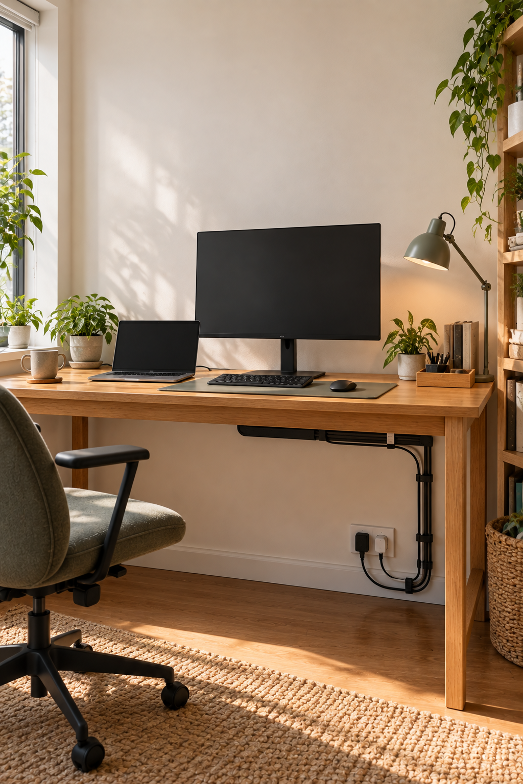 Organized desk with cables routed cleanly below the work surface