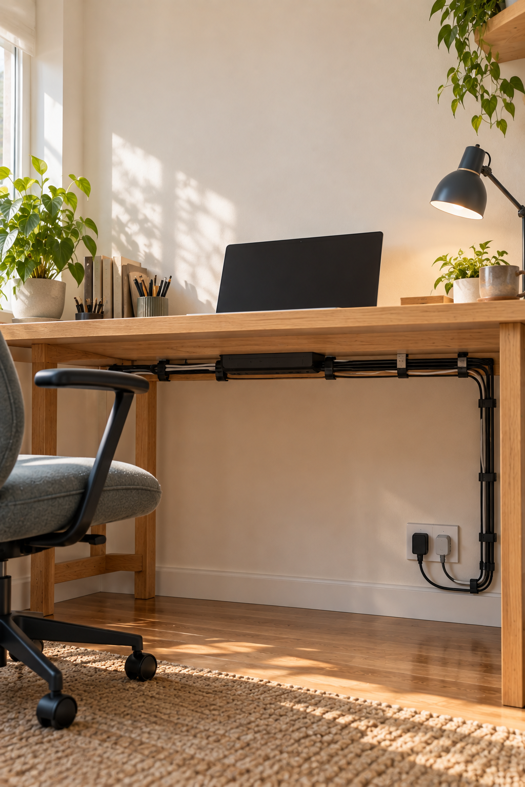 Close view of a desk with tidy under-desk cord organization