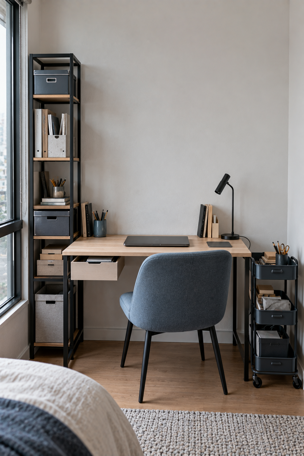 Compact workspace using wall, under-desk, and side storage