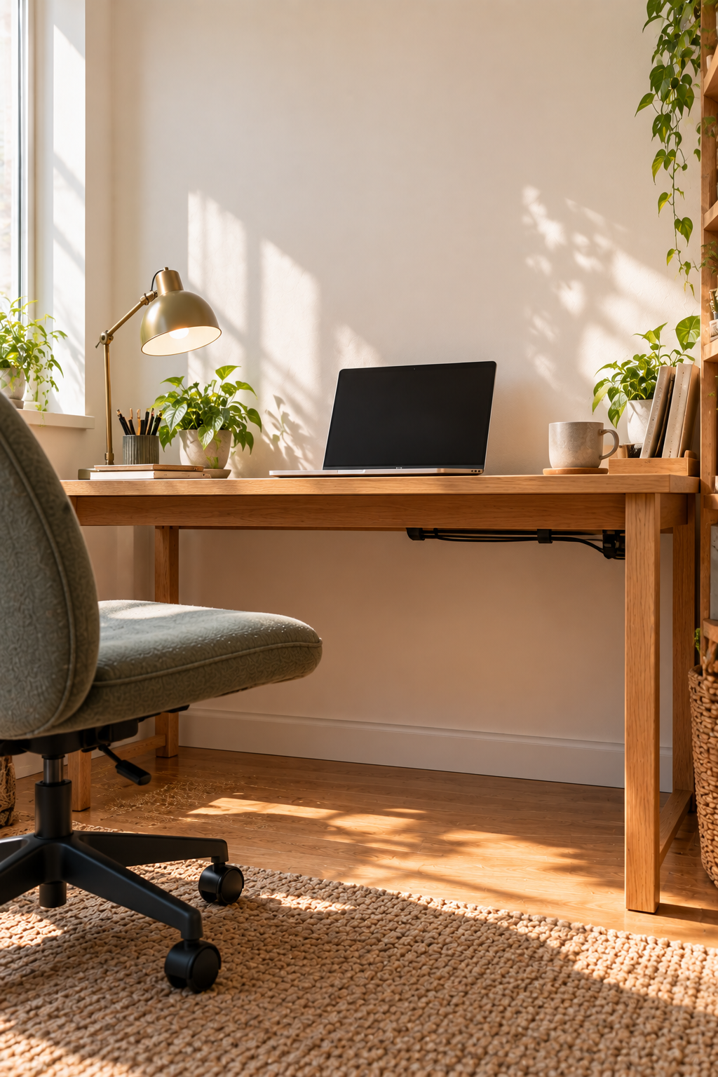 Minimal under-desk area with clear legroom and organized equipment
