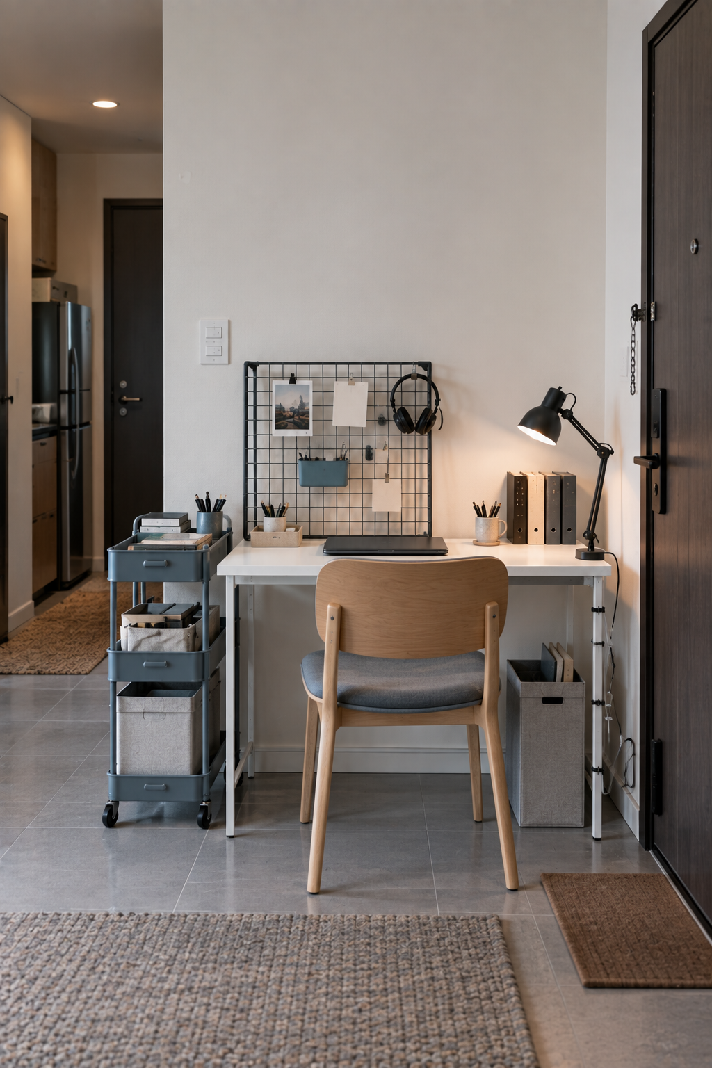 Bright renter-friendly workspace using freestanding organization