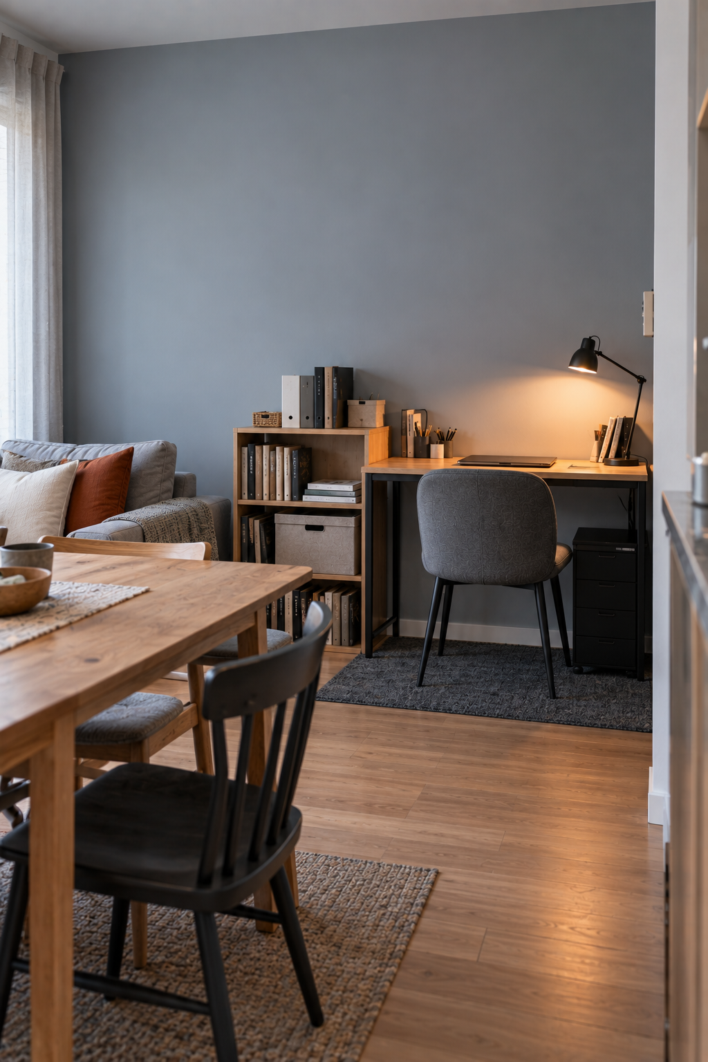 Calm compact desk integrated into a shared living space