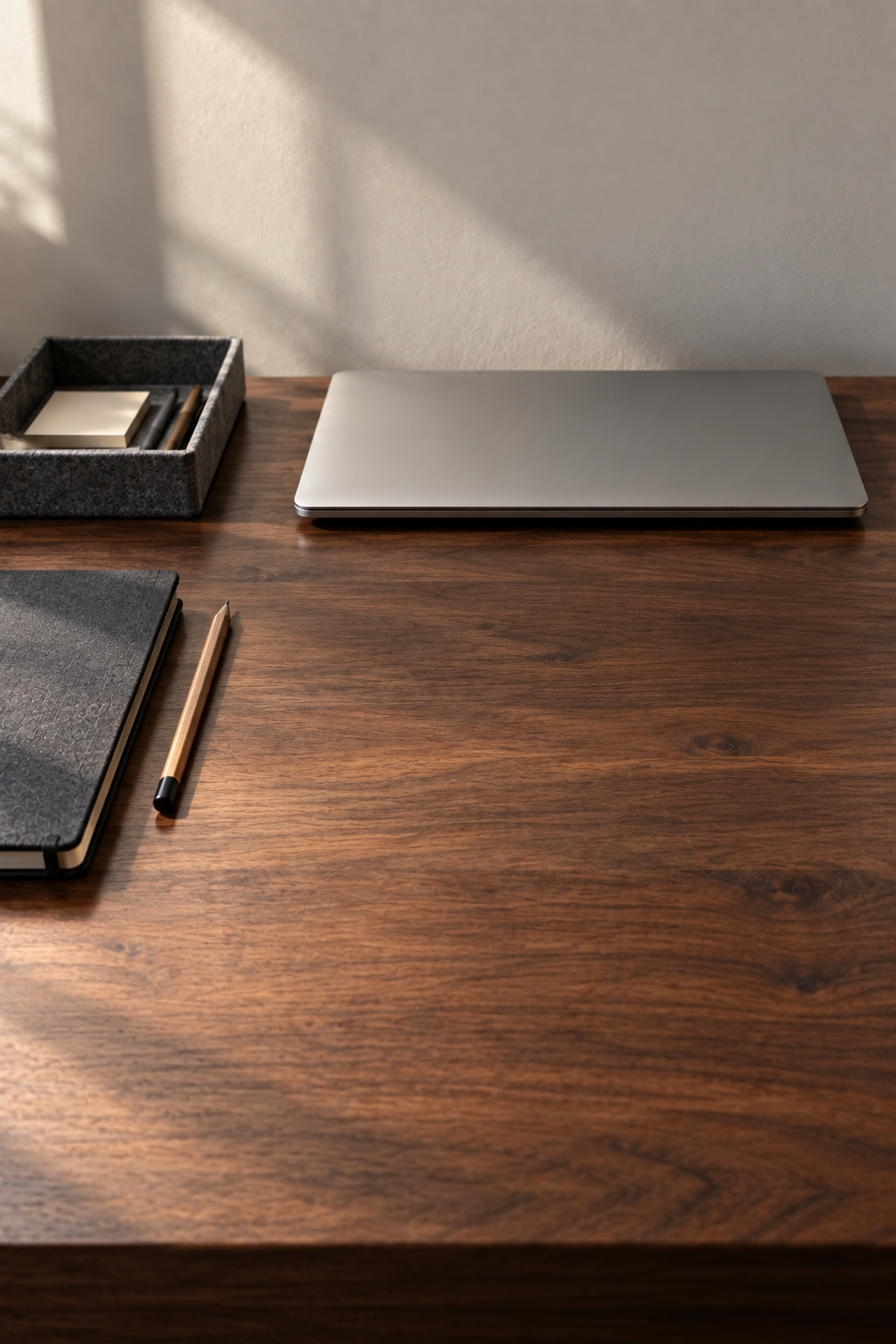 Minimal desk with a clear work area and a small number of practical objects