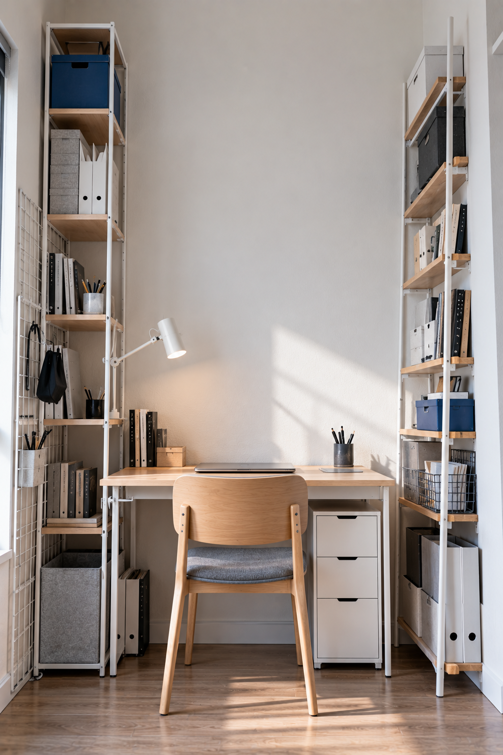 Small office with organized shelves and vertical storage above a desk